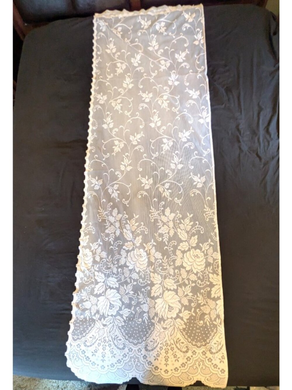 2 Vtg Lace Sidelight Curtain Panels White Floral Scalloped Cottagecore 80"